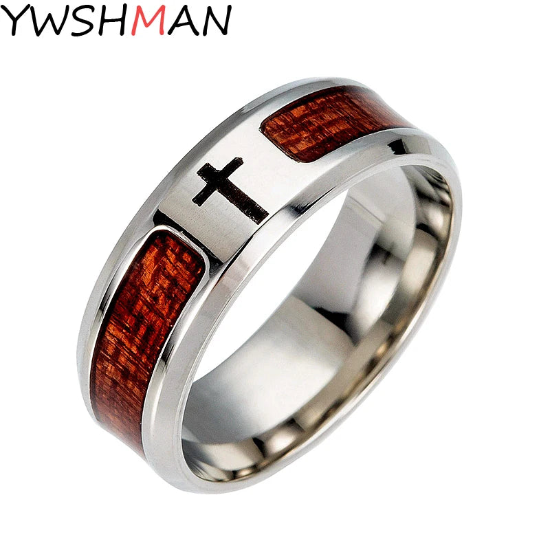 Wooden Christian Jesus Titanium Steel Ring