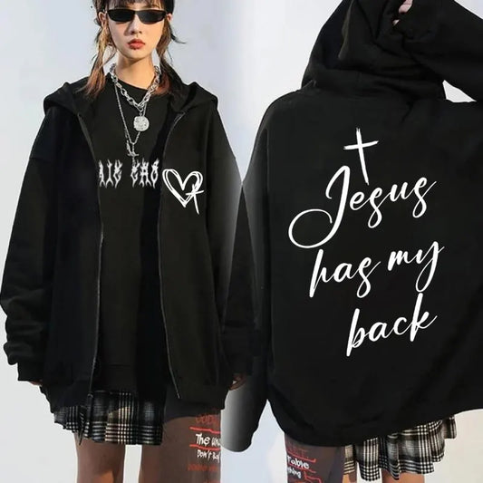 Jesus Has My Back Front and Back Print Zip Up Hoodie