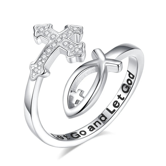 Sterling Silver Cross Jesus Fish Adjustable Ring