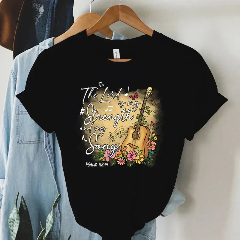 Women Vintage Boho Guitar Print Gospel Music T-Shirt