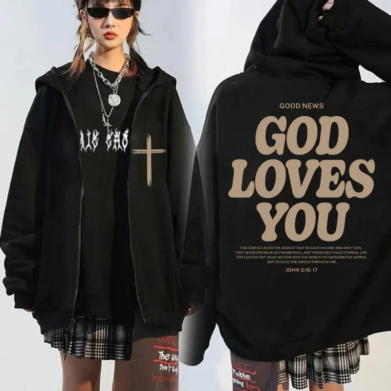 Jesus Has My Back Front and Back Print Zip Up Hoodie