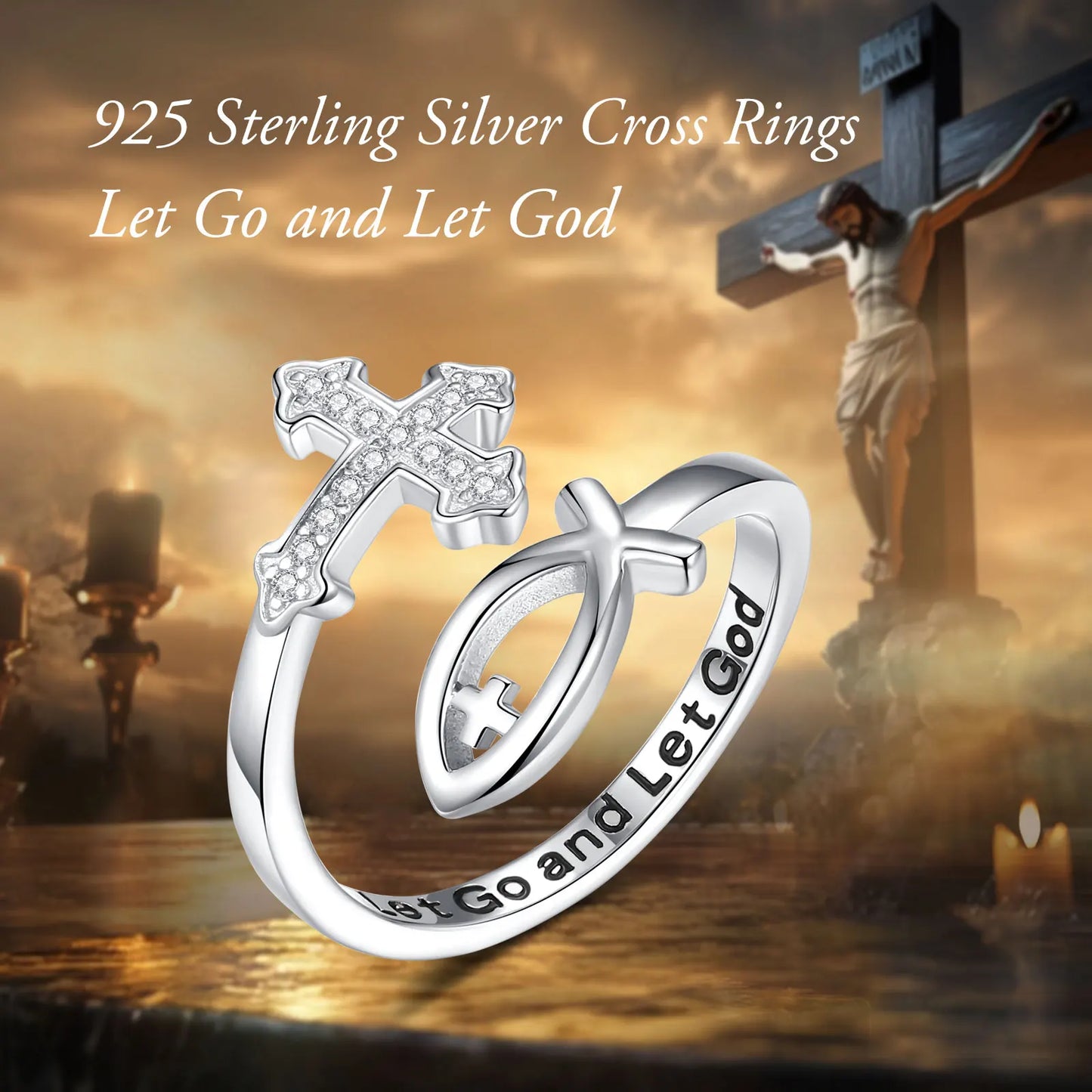 Sterling Silver Cross Jesus Fish Adjustable Ring