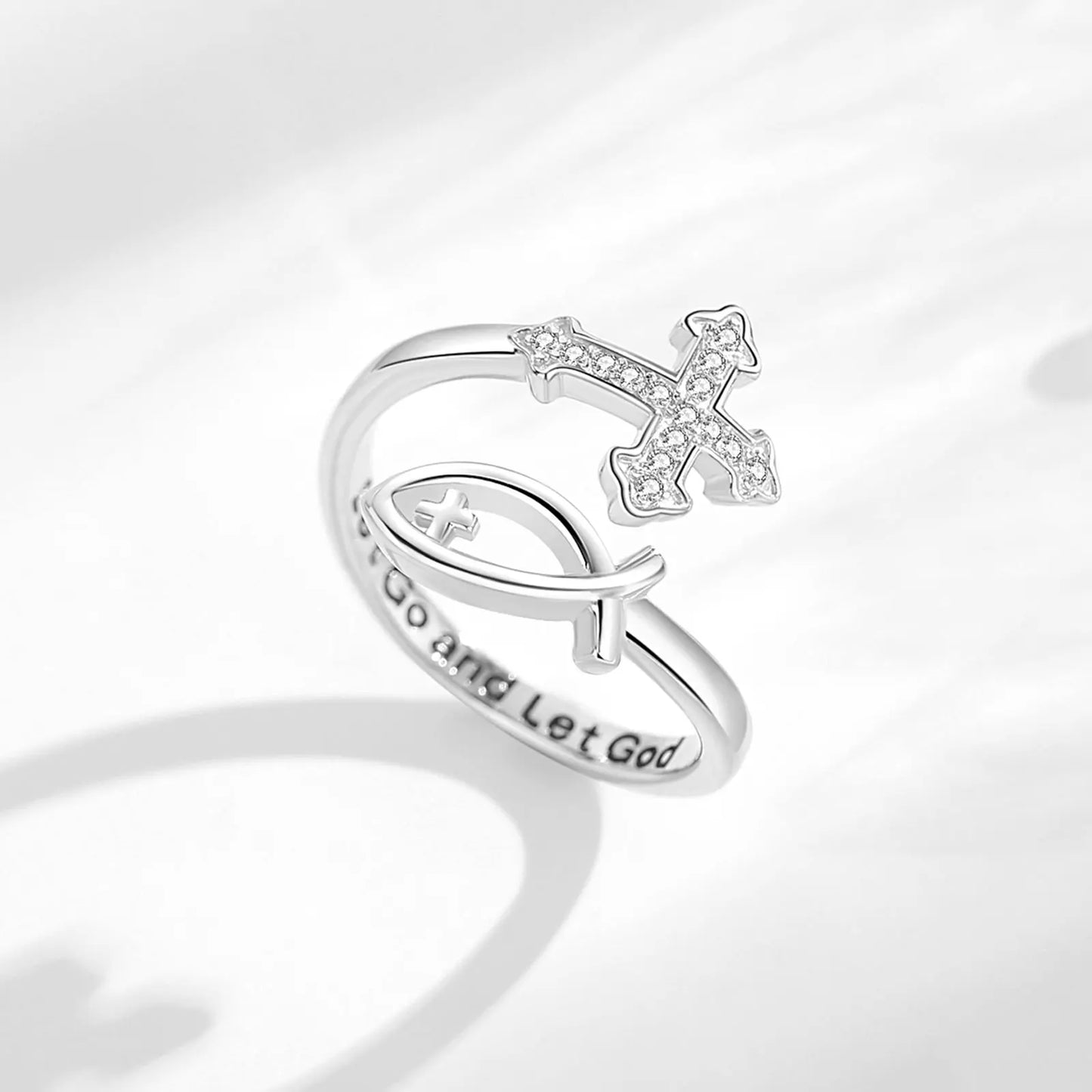 Sterling Silver Cross Jesus Fish Adjustable Ring